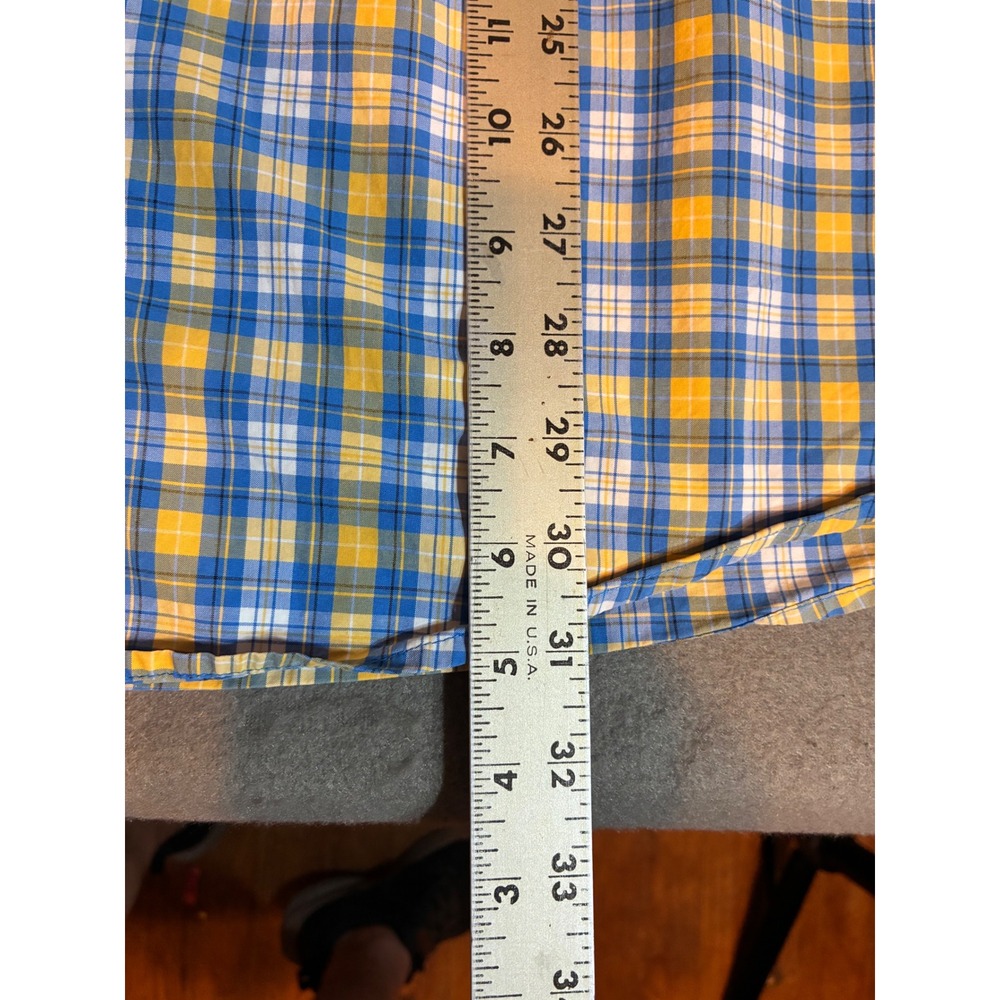 Cinch Mens Medium Button Down Shirt Cotton Blue Yellow Plaid Long Sleeve Pocket - Picture 7 of 8